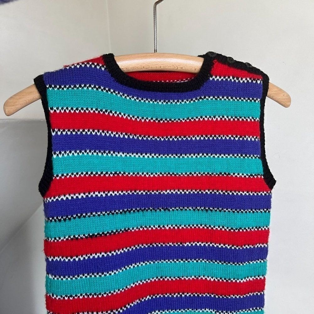 Vintage hand knit sweater vest striped‎ jewel tone multicolored preppy artsy